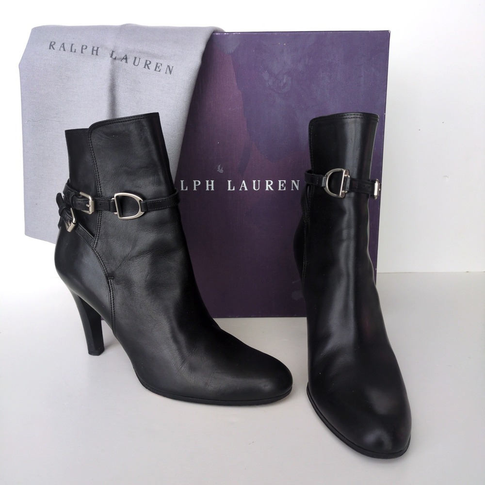 Ralph Lauren Purple Label Fayla Ankle Boots Black Strap Calf Leather Heel 6.5